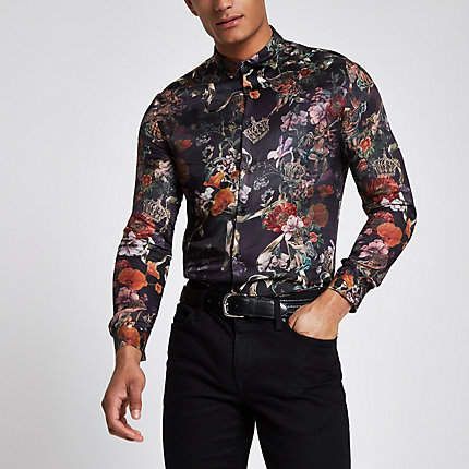 (RI) Black Floral Button-down Shirt|Size: XXS