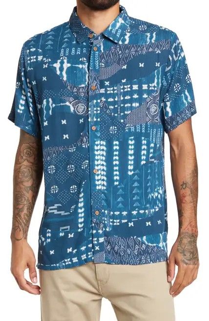 Native Youth Navy Blue Printed Short Sleeve Shirt Size: L