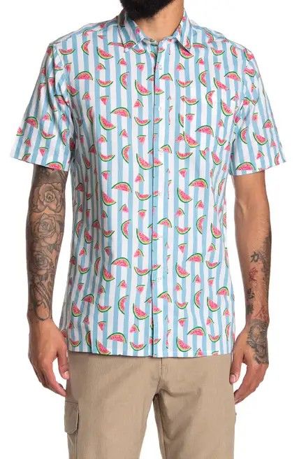 Light Blue Tropical Print Short Sleeve Regular Fit Shirt Size: M