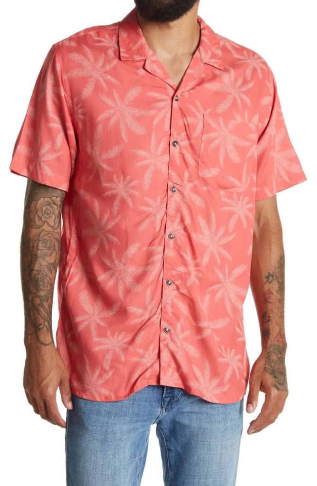 Palm Print Short Sleeve Shirt Size: 1XL