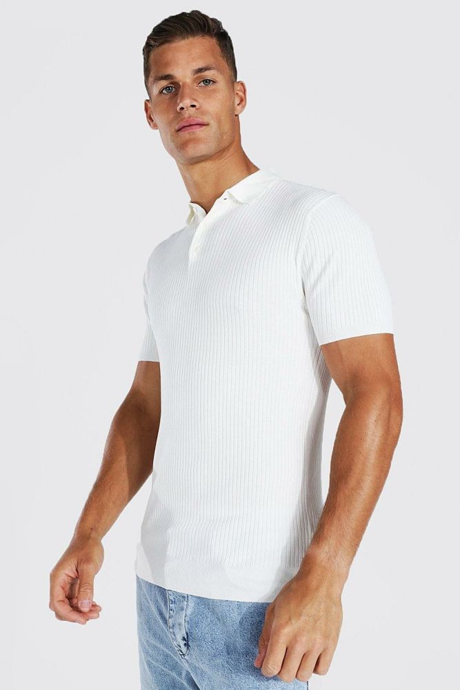 Off-White Stretch Muscle Fit Ribbed Knit Polo Size: L