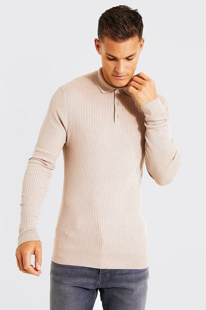 Tall Long Sleeve Stretch Muscle Fit Ribbed Knit Polo Size: 1XL