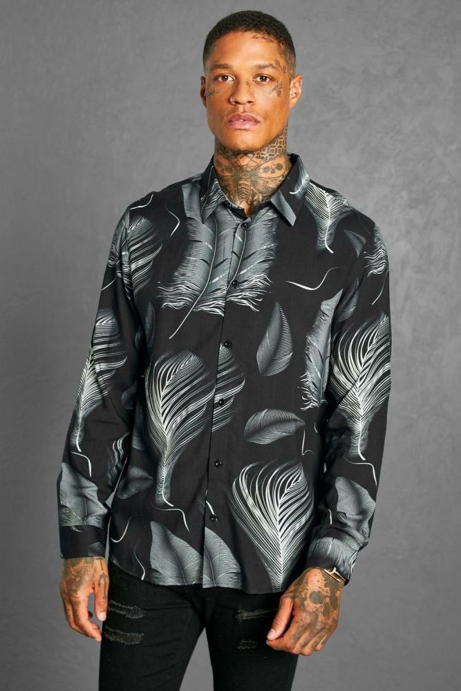 Black Long Sleeve Feather Print Shirt Size: 1XL