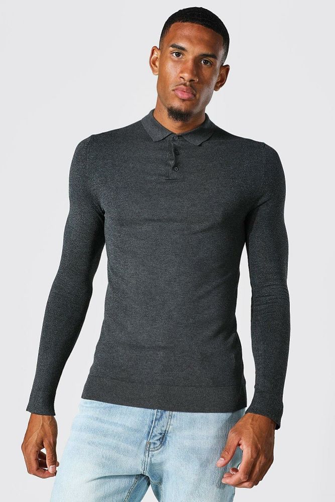 Grey Long Sleeve Stretch Muscle Fit Knitted Polo Size: L