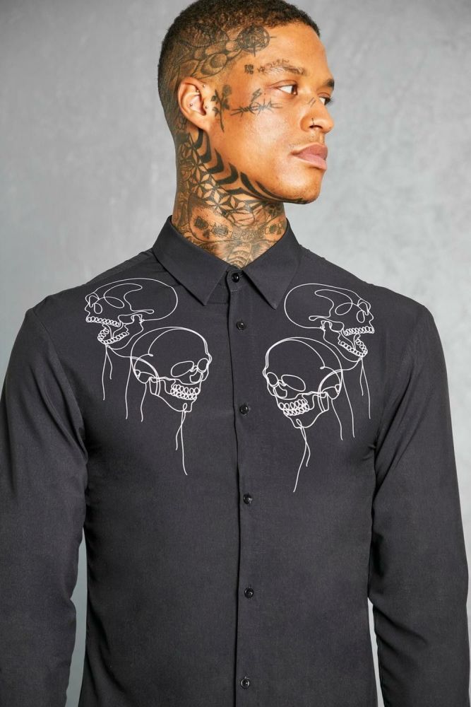 Black Long Sleeve Muscle Fit Skull Print Shirt Size: 1XL