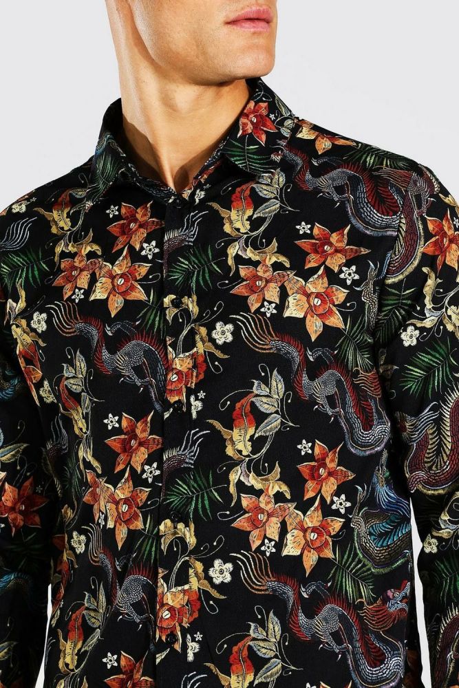 Long Sleeve Dragon Print Shirt Size: 2XL
