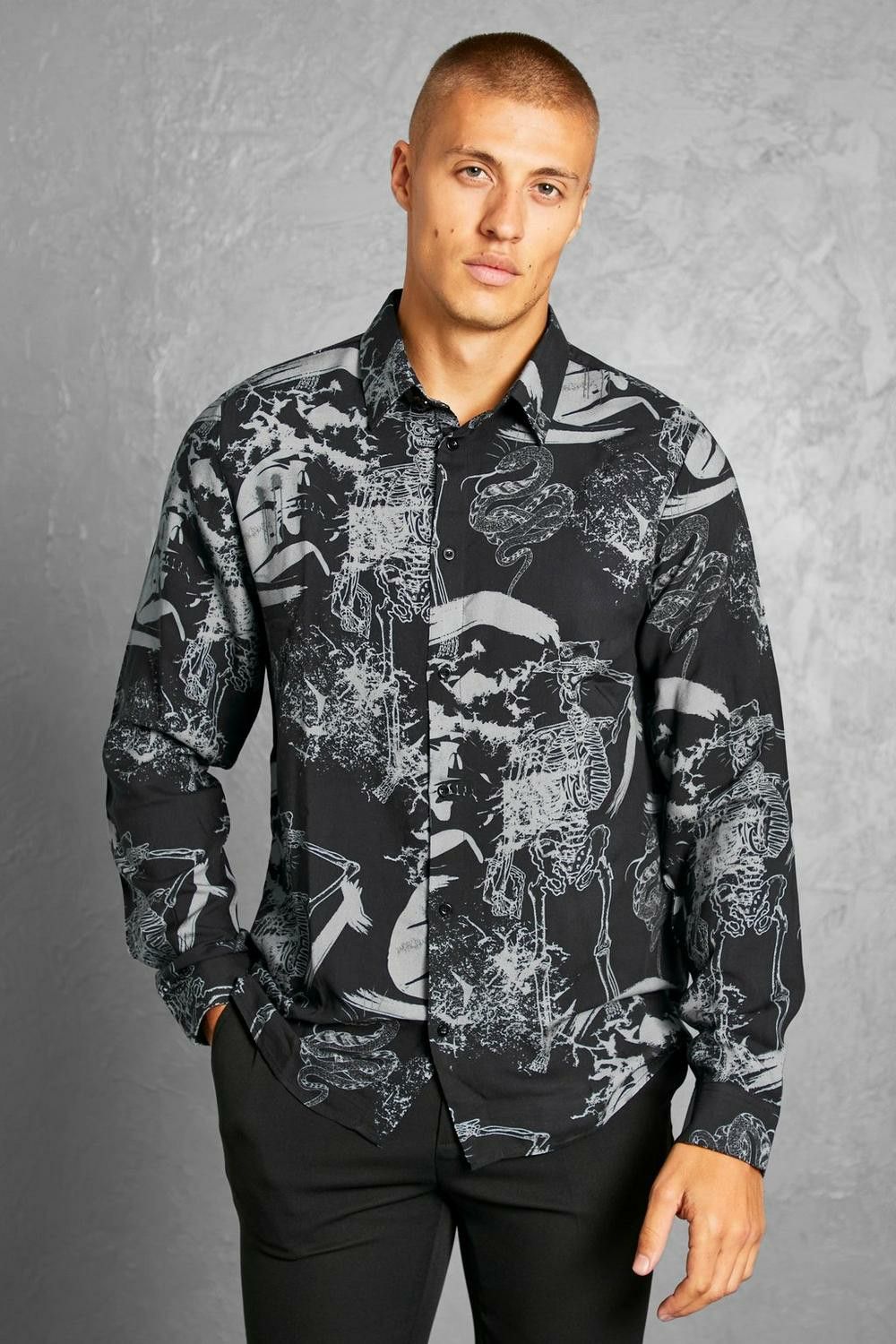  Long Sleeve Skeleton Print Shirt Size: 1XL