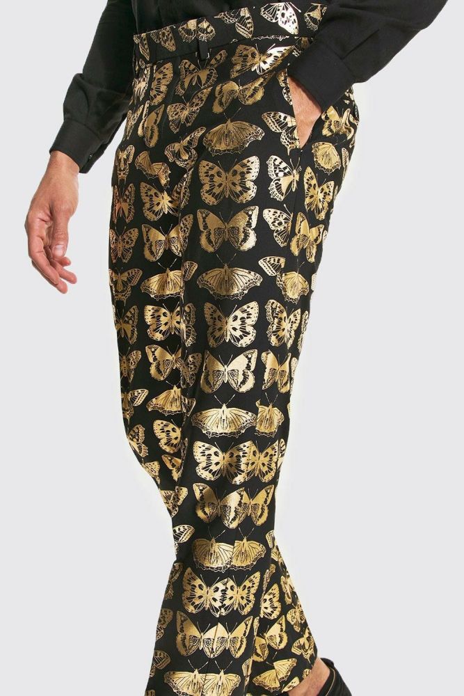 Black Skinny Fit Gold Butterfly Print Suit Trousers Size: 32
