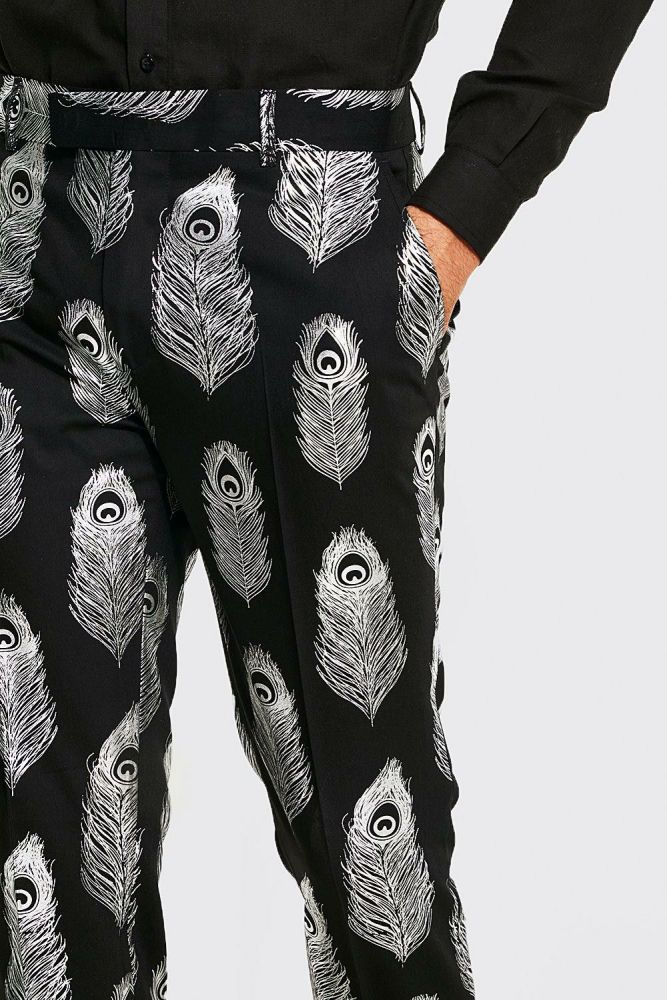 Black Skinny Fit Peacock Printed Suit Trouser Size: 34