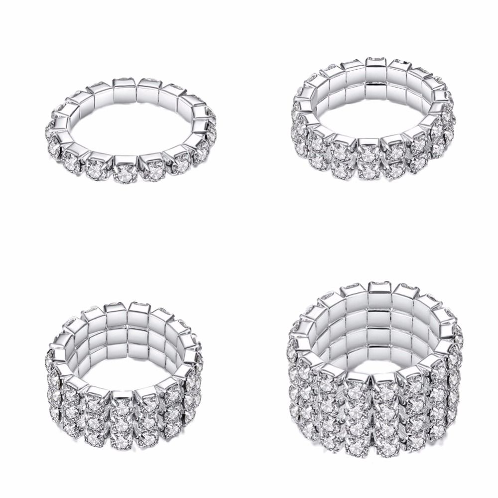 1-5 Row Elastic Silver Plated Rhinestone Fashion Rings