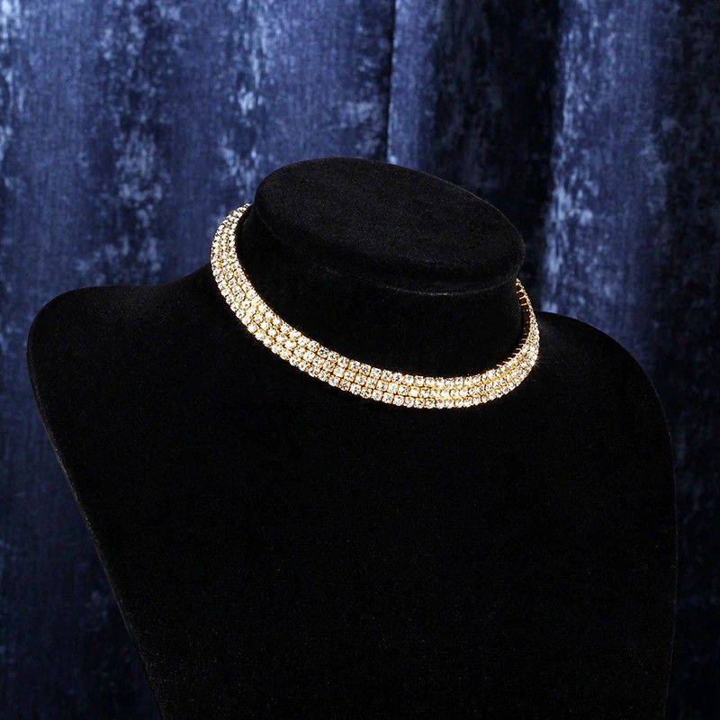 3-Row Fashion Gold Plated Rhinestone Luxury Choker Chain