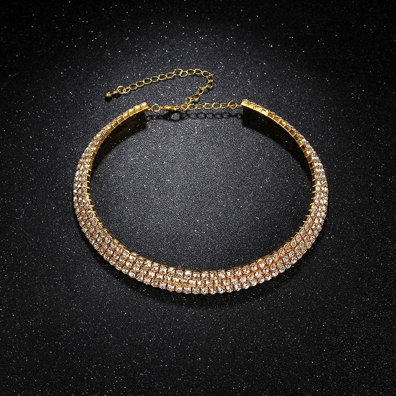 3-Row Fashion Gold Plated Rhinestone Luxury Choker Chain