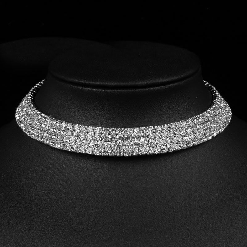 4-Row Fashion Silver Plated Rhinestone Luxury Choker Chain