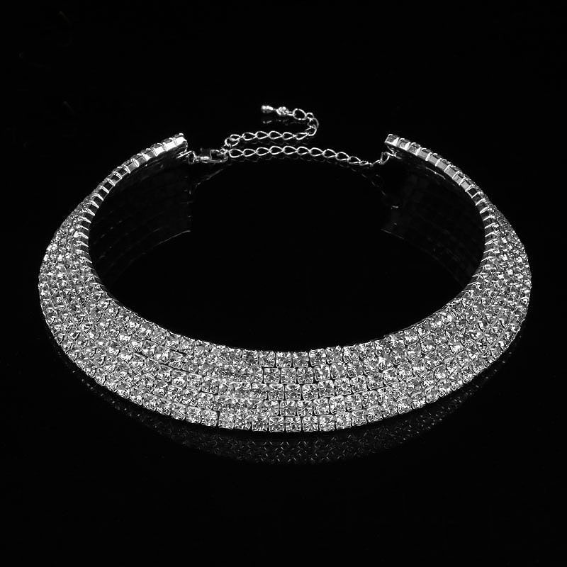 5-Row Fashion Silver Plated Rhinestone Luxury Choker Chain