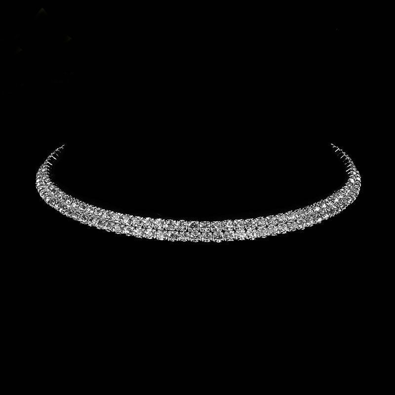 2-Row Fashion Silver Plated Rhinestone Luxury Choker Chain