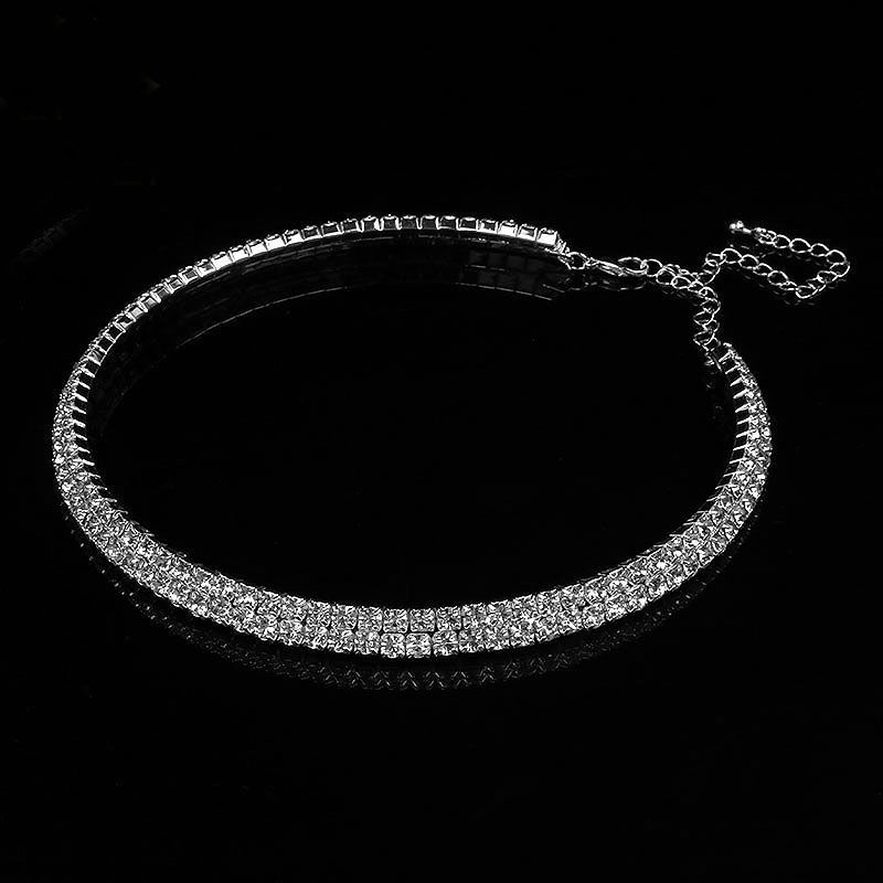 2-Row Fashion Silver Plated Rhinestone Luxury Choker Chain