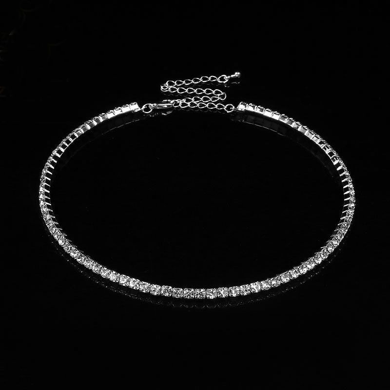 1-Row Fashion Silver Plated Rhinestone Luxury Choker Chain