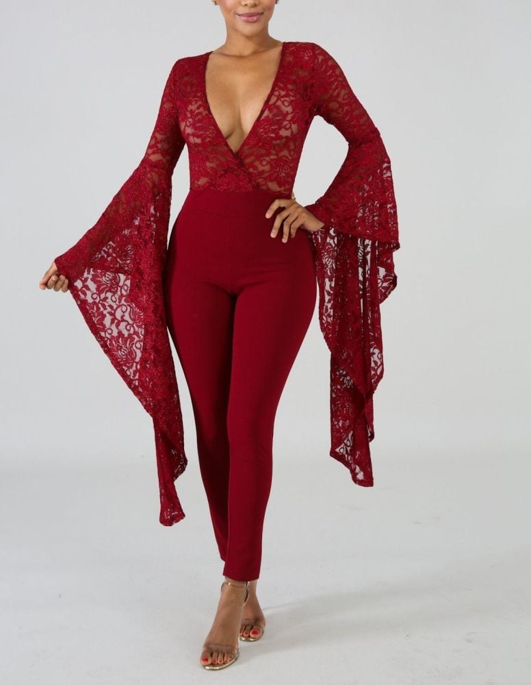 Burgundy Trumpet Sleeve Sequin Lace Jumpsuit Size: S