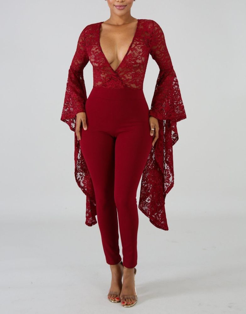 Burgundy Trumpet Sleeve Sequin Lace Jumpsuit Size: S