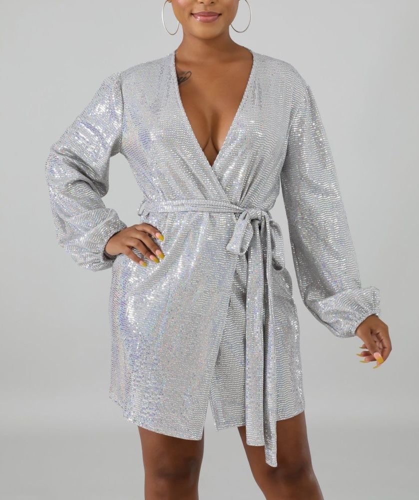 B042 Silver Wrap Shine Long Sleeve Dress Size: M