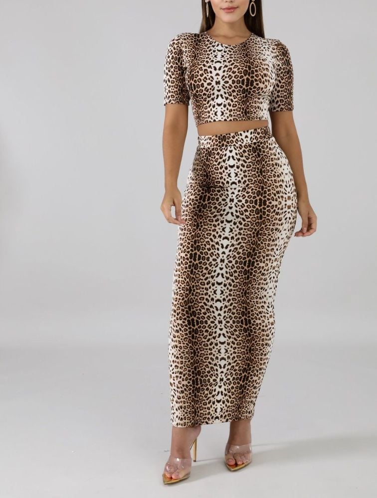 Brown Leopard Print Skirt Set Size: S