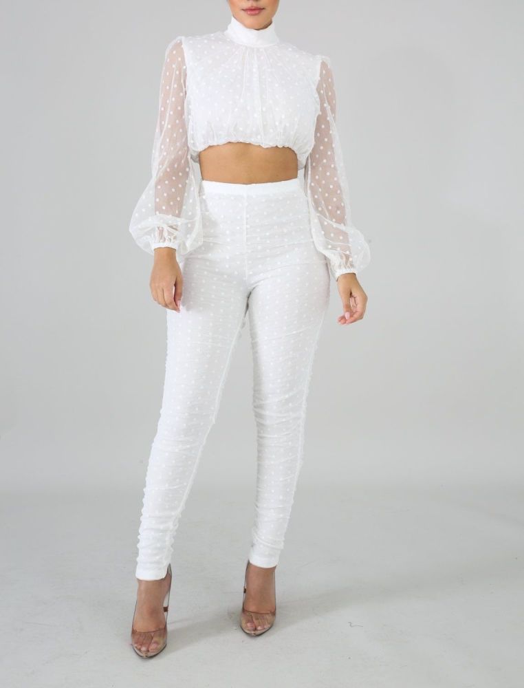 Size: S White Long Sleeve Polka Dot Two Piece SKU: 2P0901