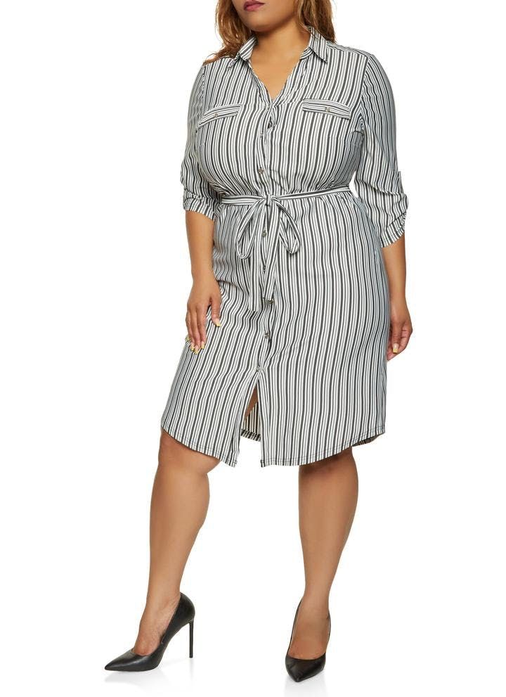 Belted Black/White Multi Striped Shirt Dress #G026 Size: 3XL