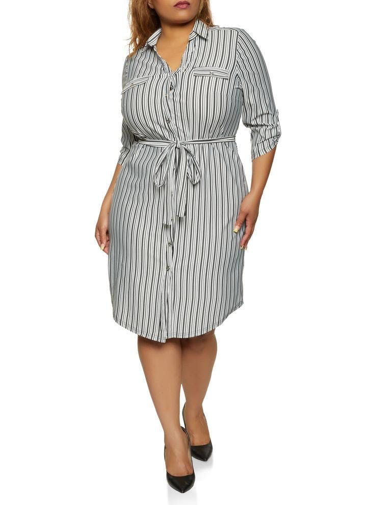 Belted Black/White Multi Striped Shirt Dress #G026 Size: 3XL