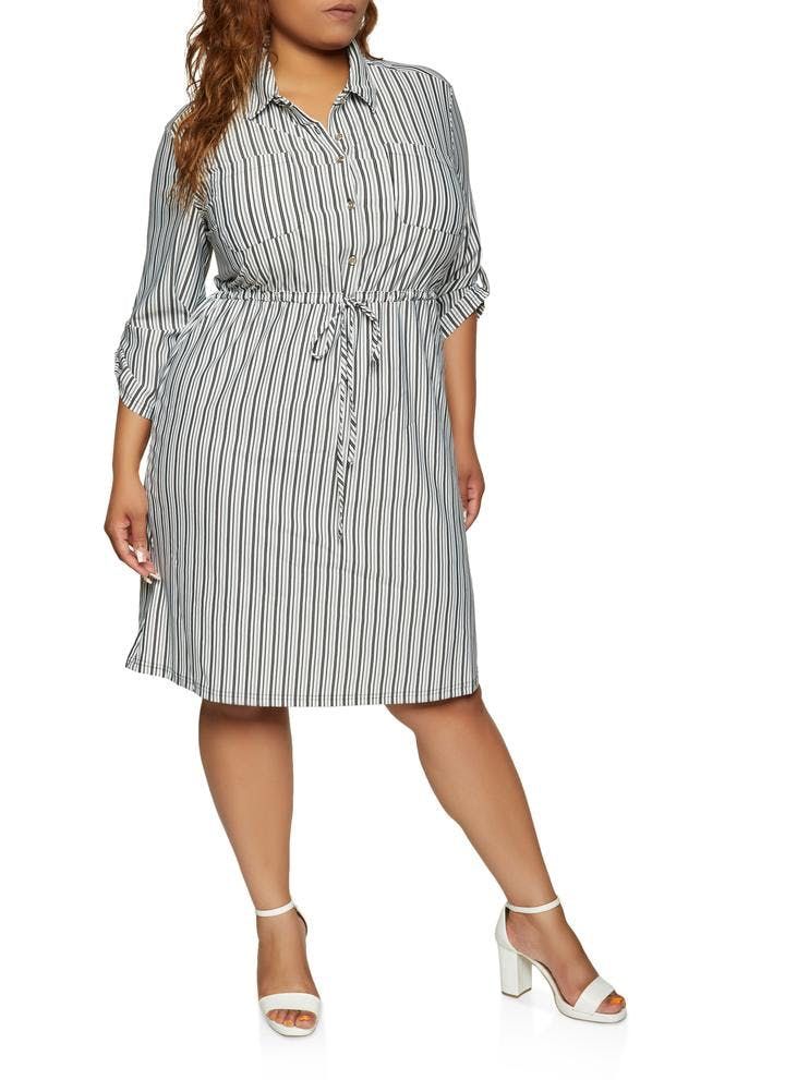 Black/White Multi Striped Drawstring Waist Shirt Dress #F568 Size: 2XL