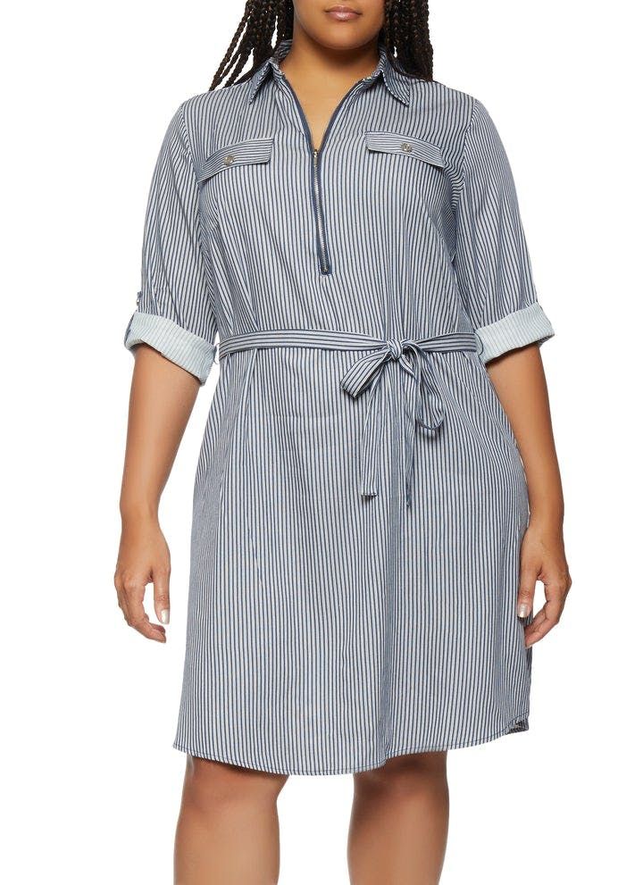 Belted Half Zip Rolled Tab Sleeves Shirt Dress #G028 Size: 1XL