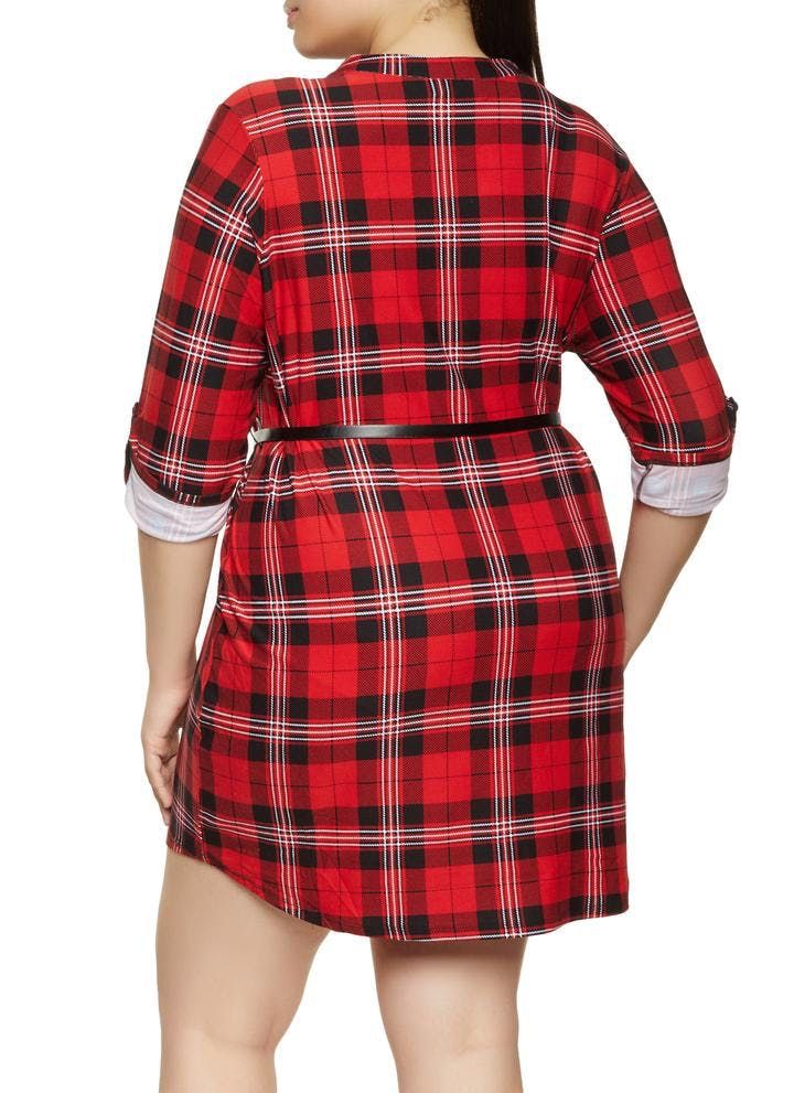 Belted Wine Red Plaid Shirt Dress #D093 Size: 1XL