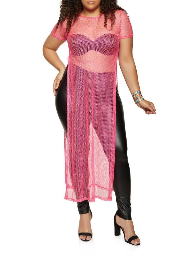 Fuchsia Solid Fishnet Maxi Cover-Up Tops 