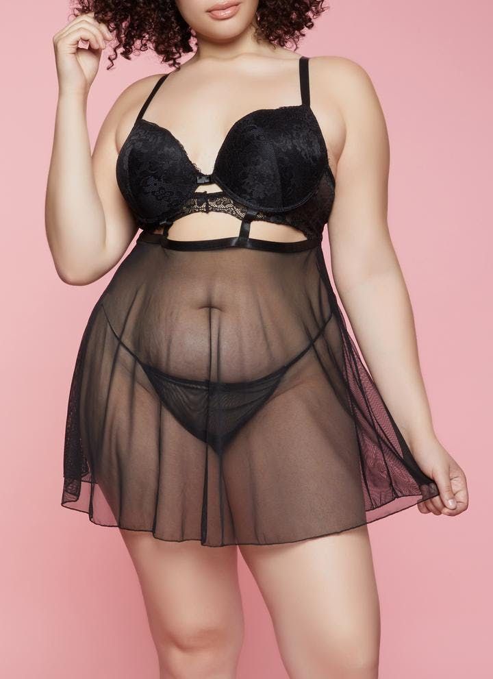 Black Lace Babydoll and G String Set Size: 3XL