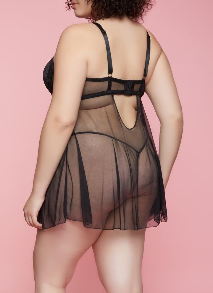 Black Lace Babydoll and G String Set Size: 3XL
