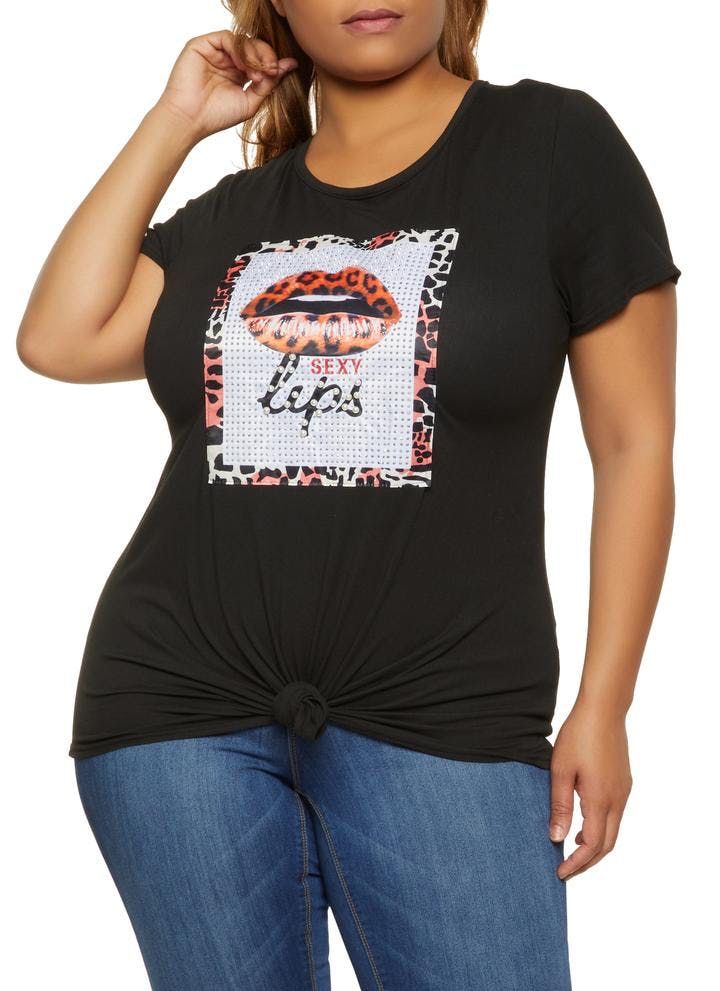 Black Sexy Printed Lips Graphic Tee Size 3XL