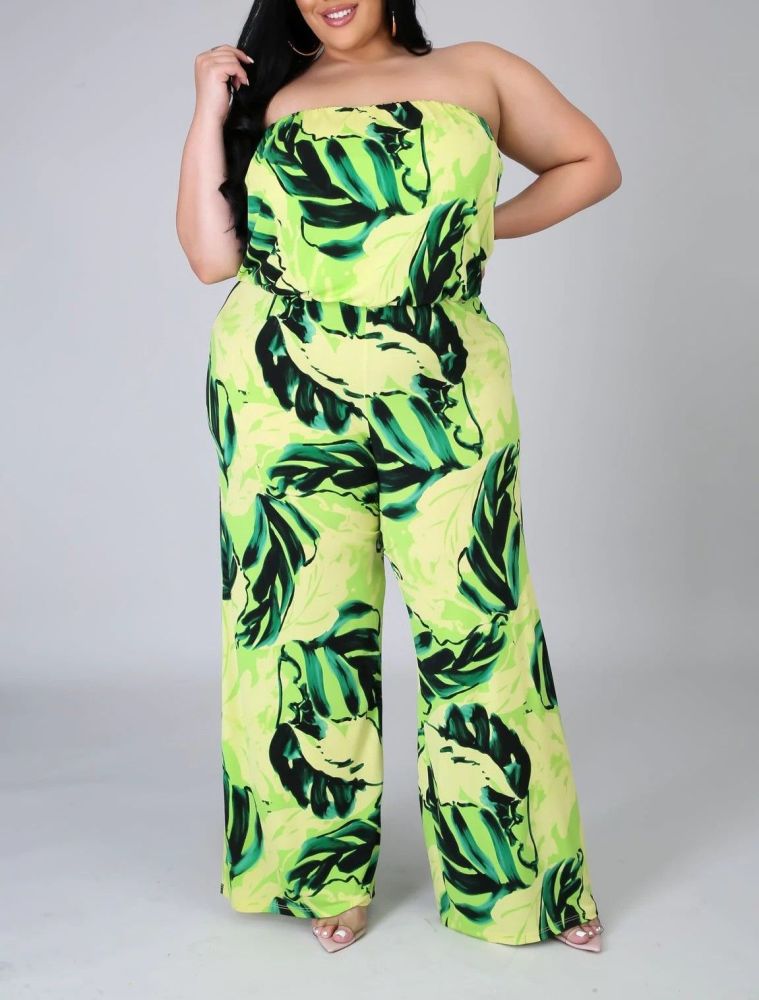 Green Stretch Floral Print Jumpsuit Size: 2XL