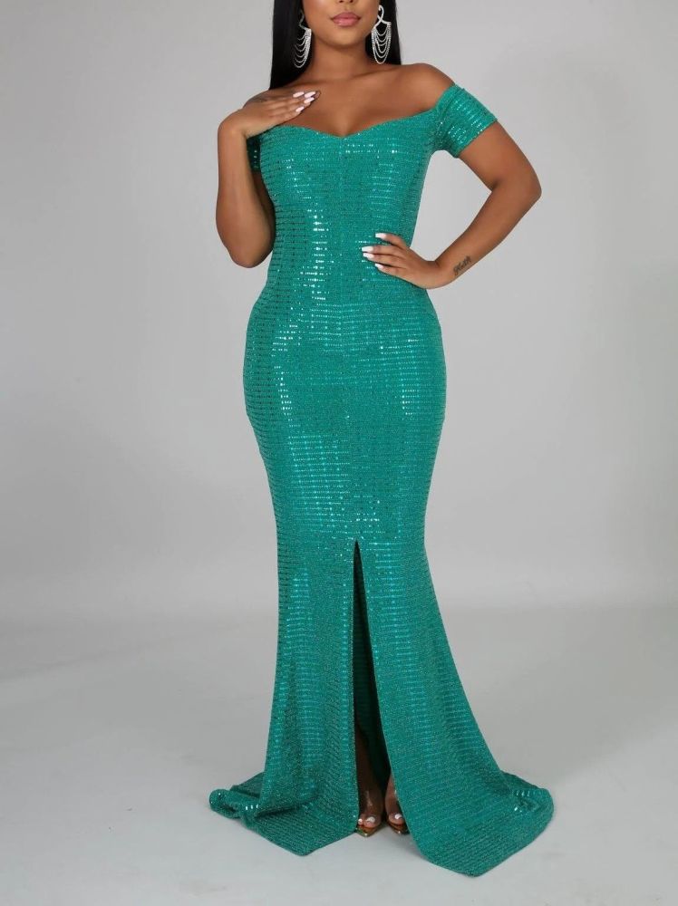 A912 Sequin Off The Shoulder Split Gown in Green Size: S