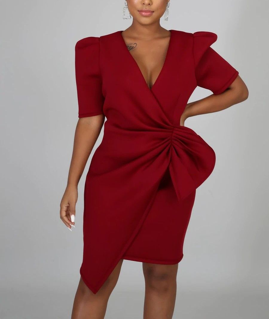 Burgundy Bow/Pleats Dress #A130 Size: S