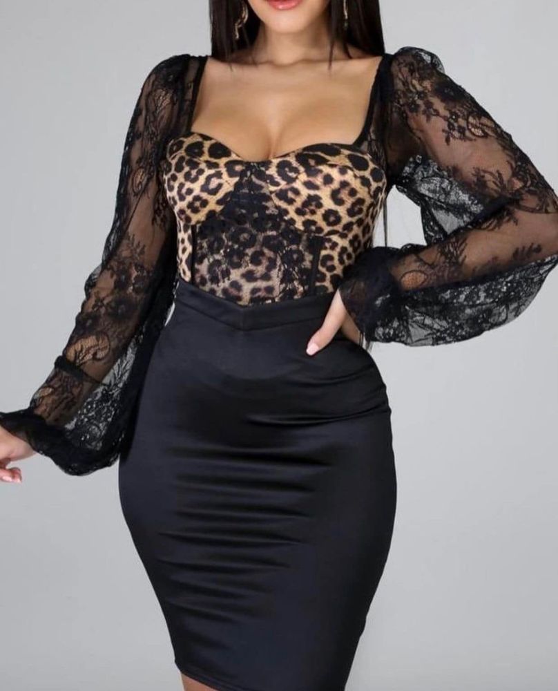 Black Lace Lantern Sleeve Leopard Print Bodycon Dress #A770 Size: S