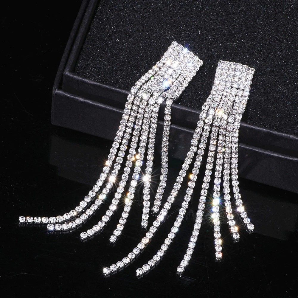 Fashion Silver Rhinestone Crystal Long Drop Tassel Earrings 