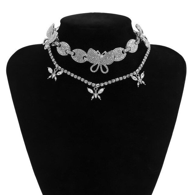 2Pcs Silver Rhinestone Crystal Butterfly Choker Necklace 