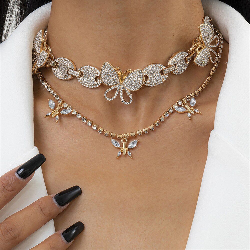 2Pcs Gold Rhinestone Crystal Butterfly Choker Necklace 