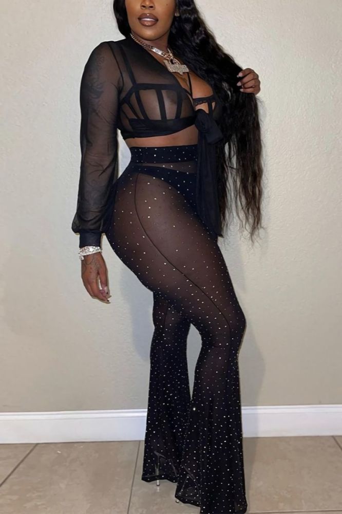 Black Mesh Stretch See-Through Flared Pants Two-piece Set Size: L