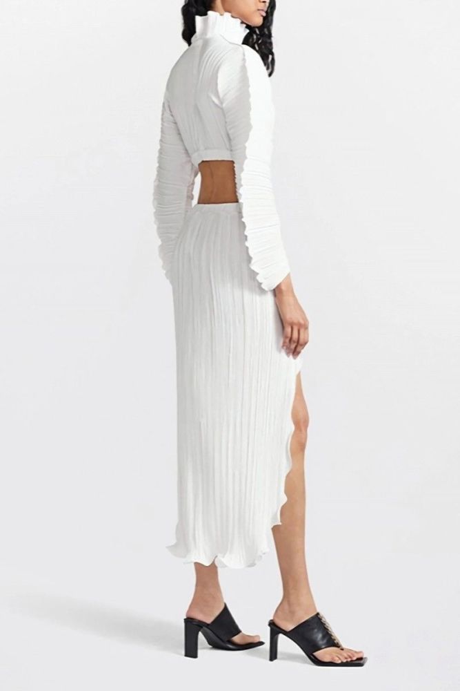 White Stretch Pleated High Slit Two-Piece Set Size: ML