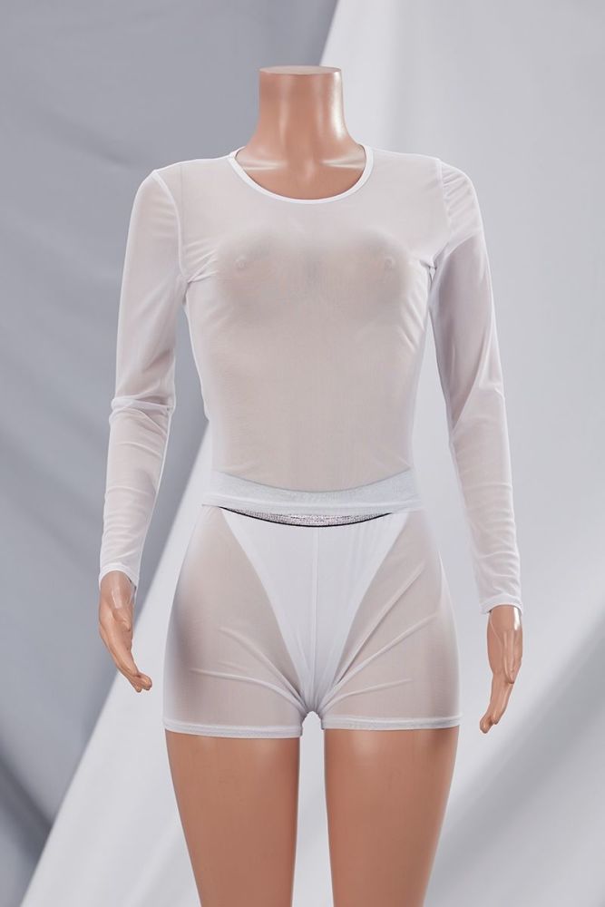 Size: S White See Through Mesh Stretch Two-Piece Set SKU: 2P0659