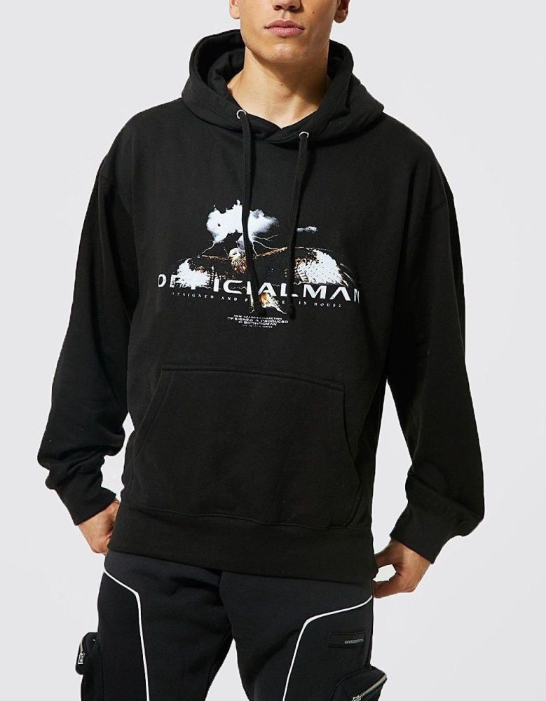  Black Oversized Eagle Graphic Printed Hoodie Size: L