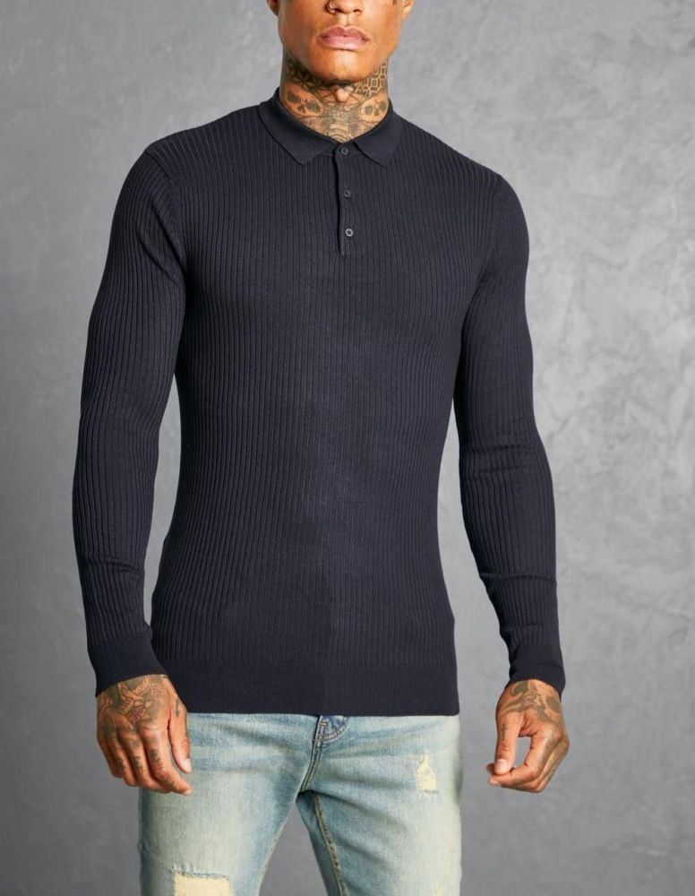 Navy Muscle Fit Long Sleeve Ribbed Polo Size: L