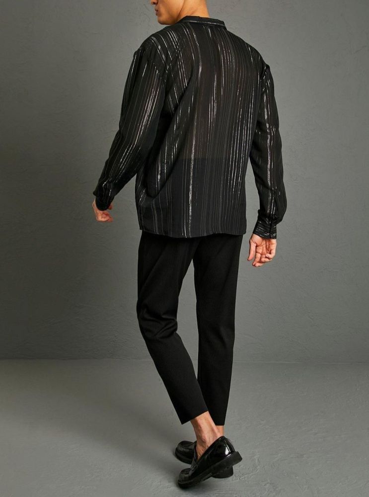  Black Oversized Long Sleeve Metallic Stripe Shirt Size: M