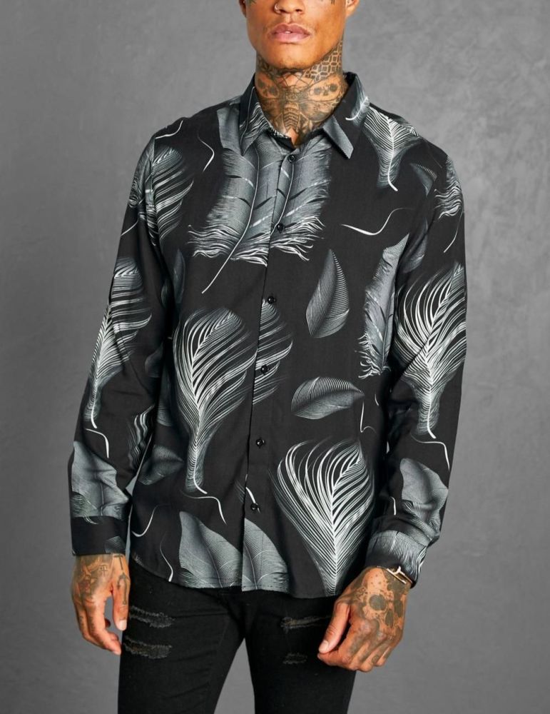 Black Long Sleeve Feather Print Shirt Size: M