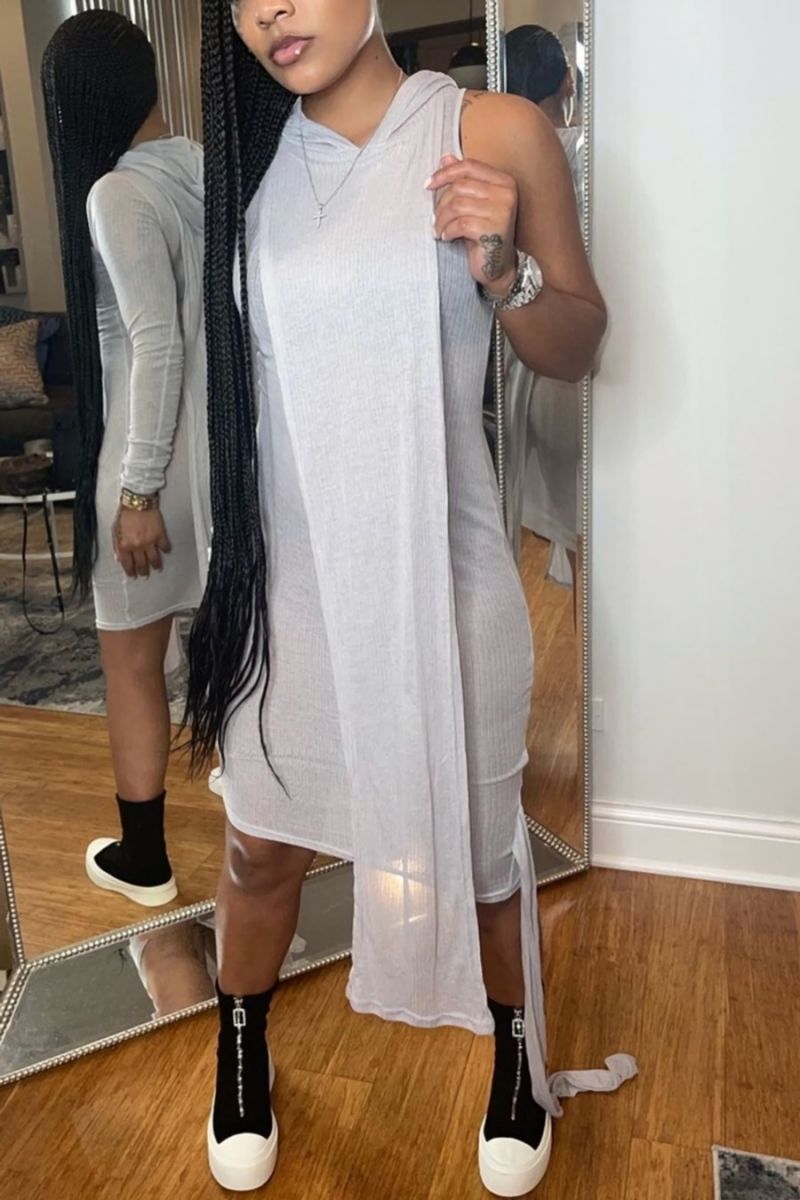 Gray Stretch Hooded One-Sleeve Two-Piece Set Size: M